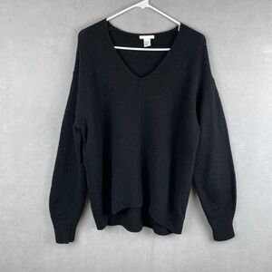 H&M Black V-Neck Oversized Knit Sweater Wool Blend Center Seam S Dark Academia